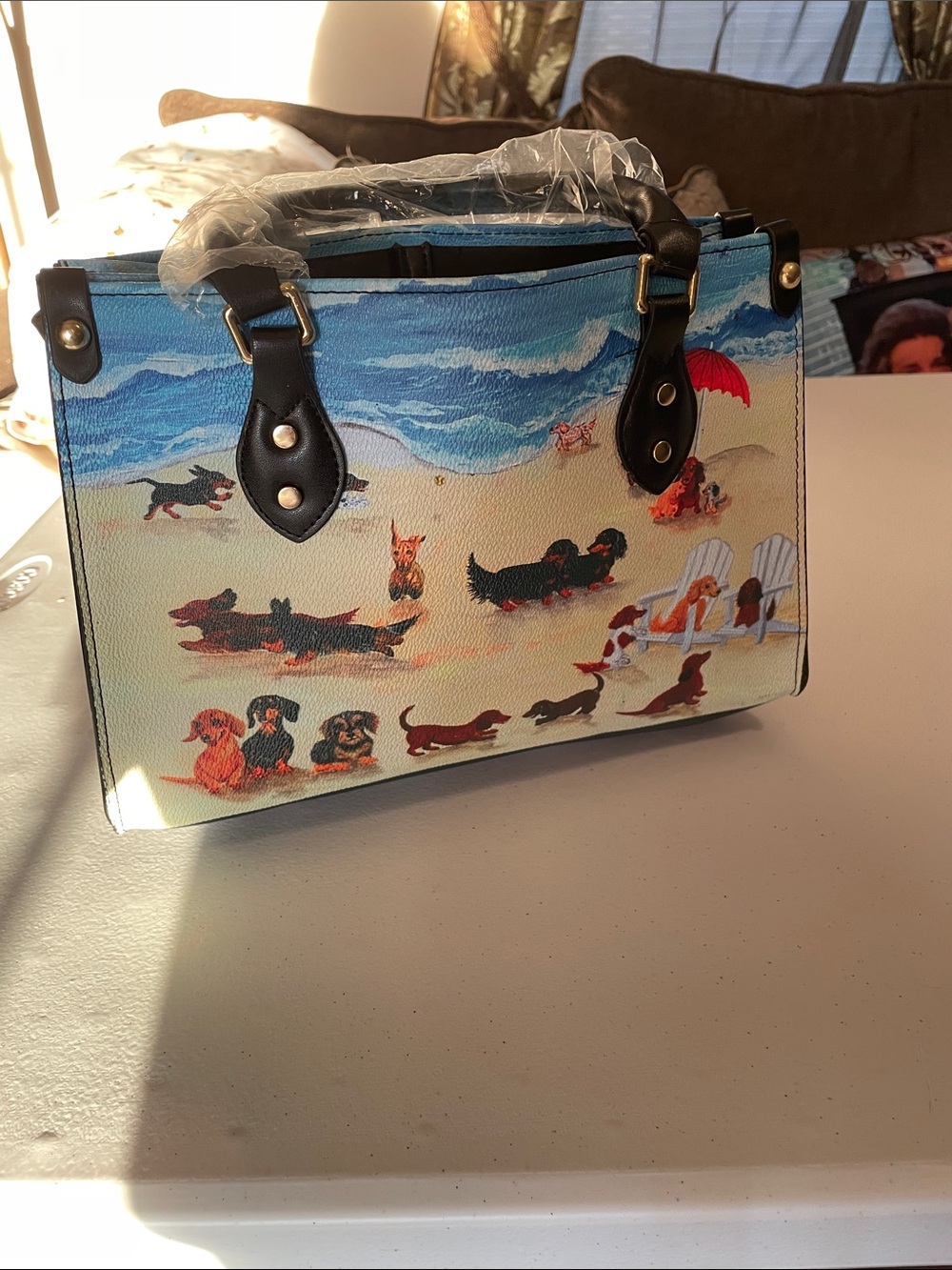 Leather Sea & Beach Dachshund Dog Print Tote with Black Handles ( purse) (bg1)